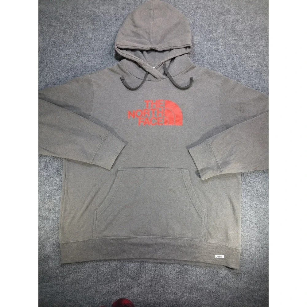 The North Face Men's XL Gray Red Logo Pullover Hoodie Sweatshirt